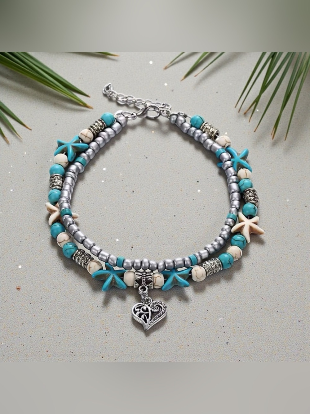 🩶Turquoise Beaded Starfish Double-Row Anklet with Heart Charm/NIP🩶